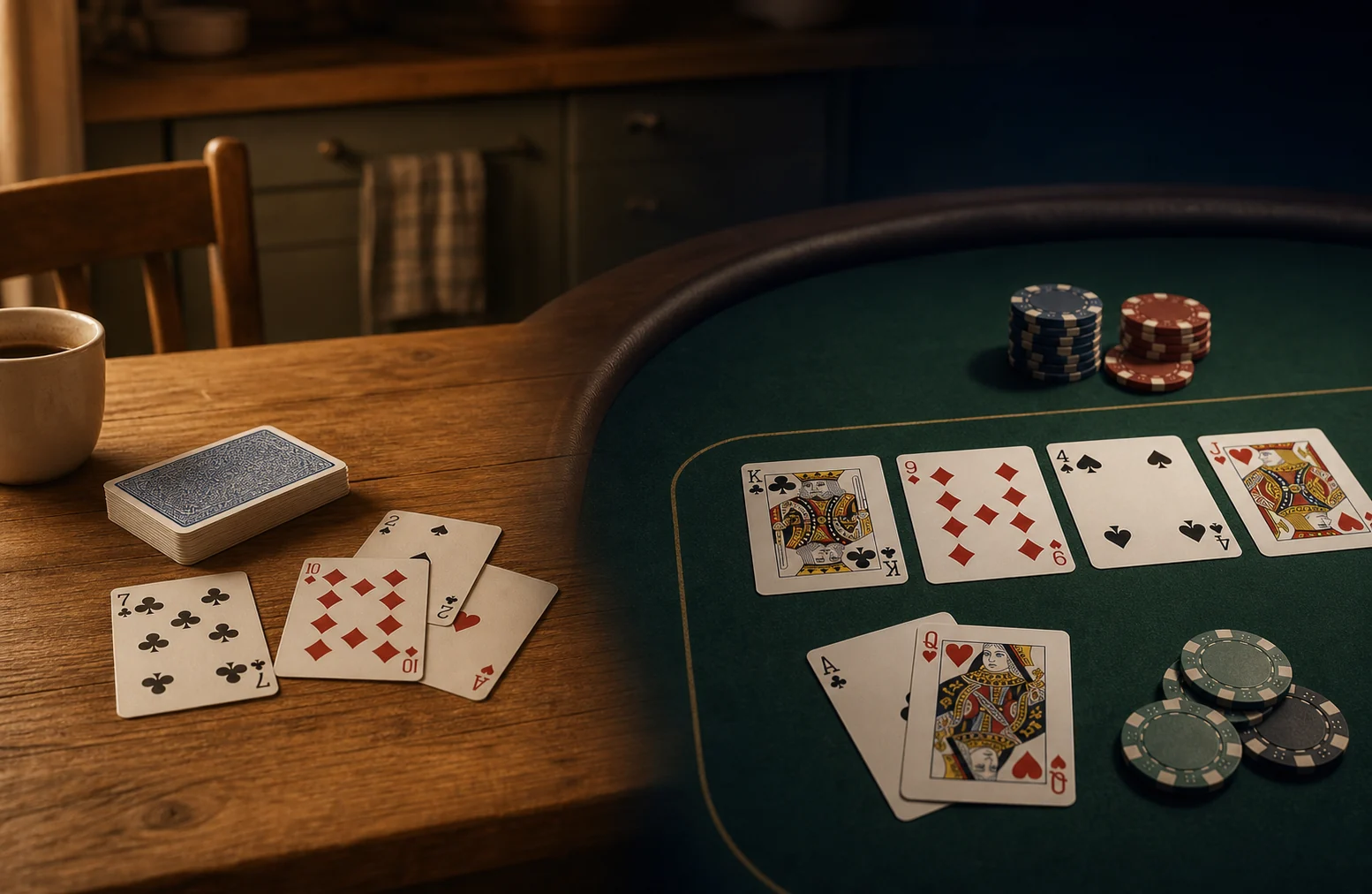 Kortspel på köksbord bredvid ett grönt casinobord