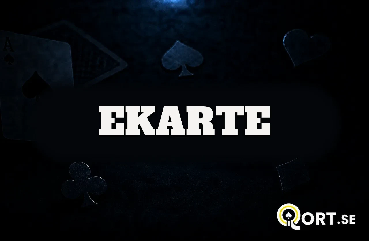 Mörkt kortbord med spelkort och färgsymboler och namnet Ekarte