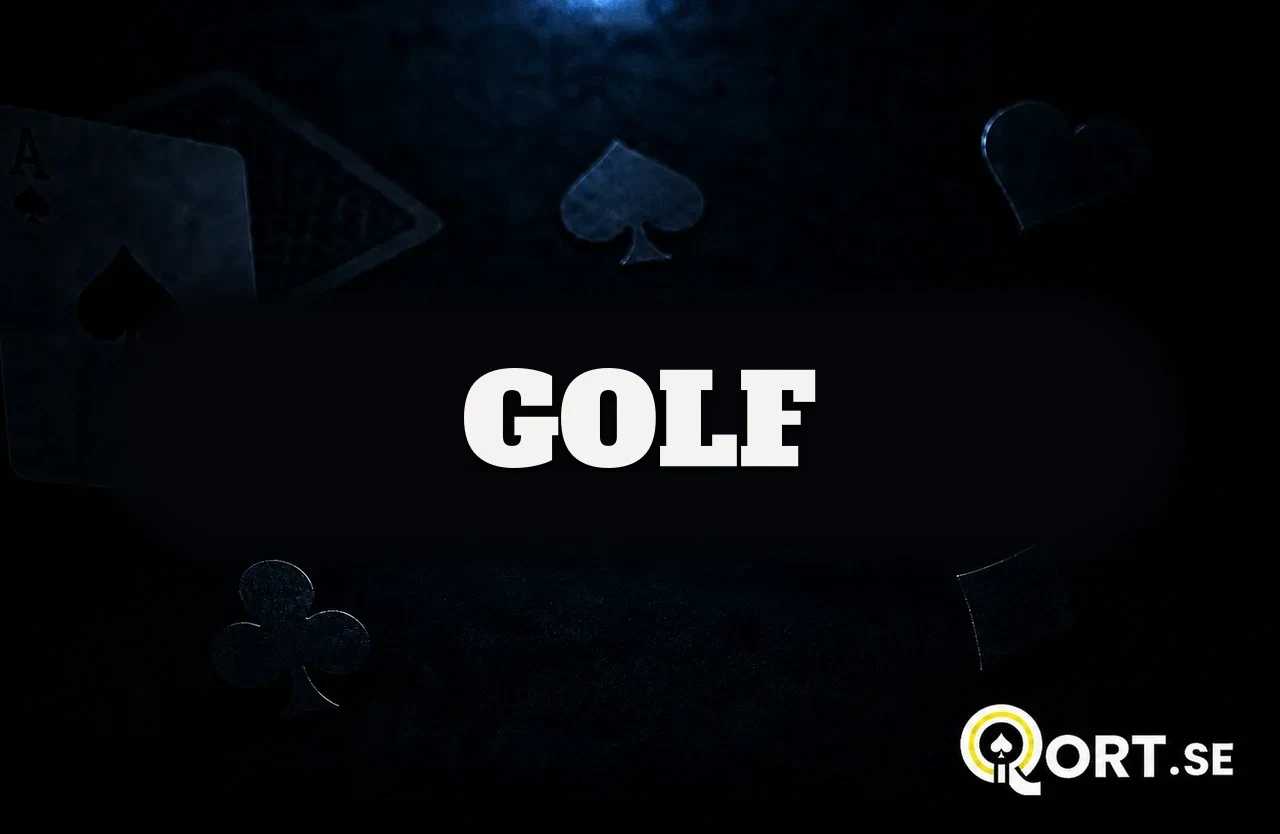 Mörkt kortbord med spelkort och färgsymboler och namnet Golf