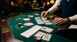 Dealer delar kort vid ett live casino-bord