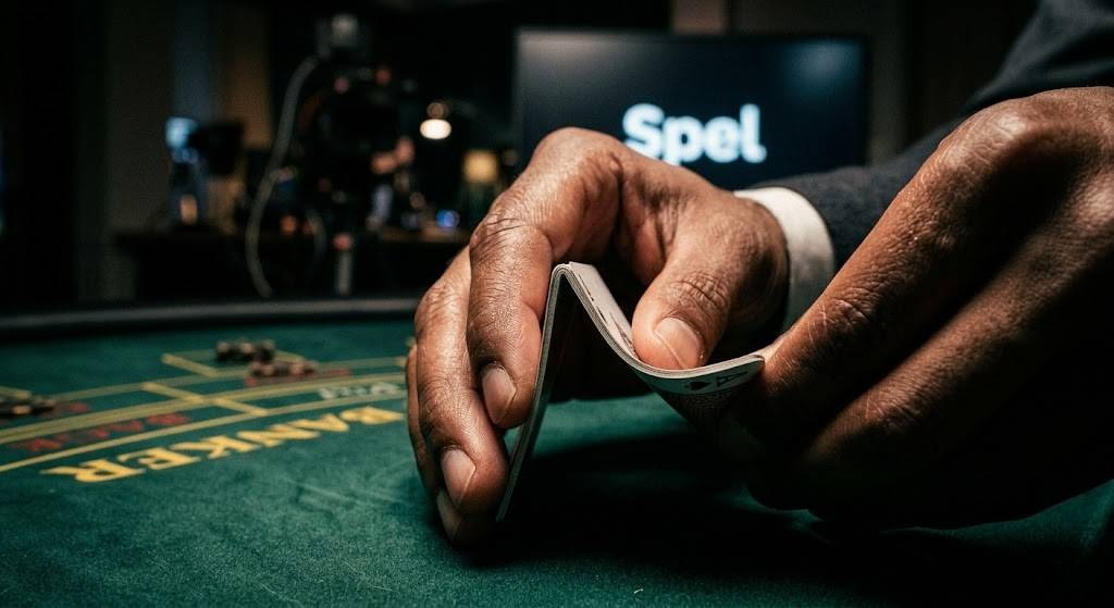 Dealer böjer ett kort vid ett live casino-bord