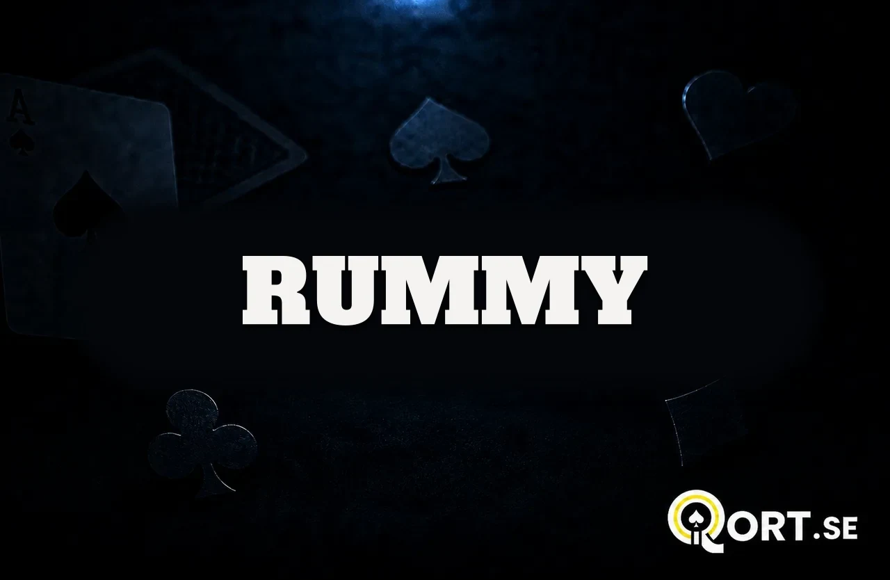 Mörkt kortbord med spelkort och färgsymboler och namnet Rummy